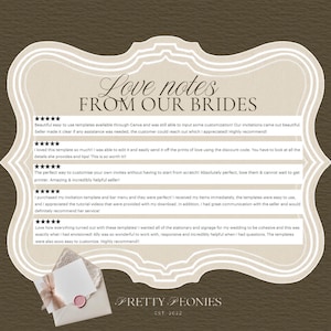 May include: A brown background with a decorative frame containing customer reviews. The text "Love notes FROM OUR BRIDES" is at the top. Below are five-star reviews about wedding templates. A small envelope with a pink wax seal is at the bottom.