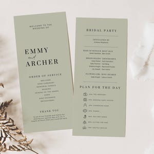 May include: Two sage green wedding program cards featuring black serif typography. The left card lists the order of service for Emmy and Archer, while the right card details the bridal party and the plan for the day with small line icons.