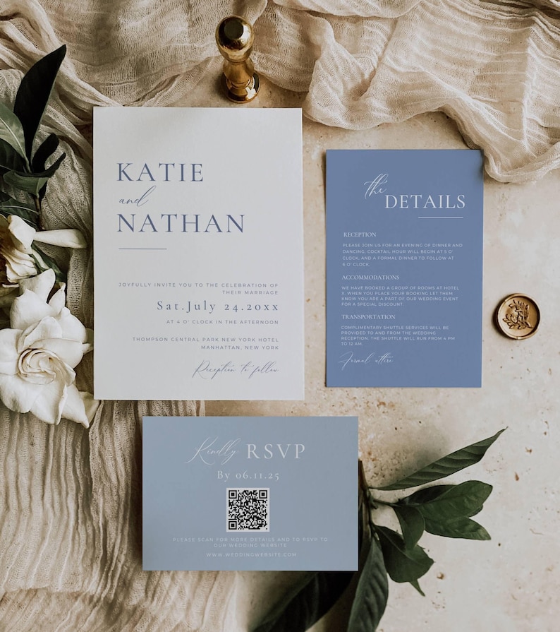 May include: A wedding invitation suite with a blue and white color scheme. The invitation card features the names Katie and Nathan, the date Sat. July 24.20XX, and the location Thompson Central Park New York Hotel. The details card includes information about the reception, accommodations, and transportation. The RSVP card has a QR code and the text "Kindly RSVP by 06.11.24".