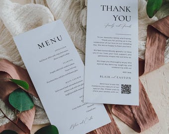 Wedding Menu and Thank You Card, Place Setting Thank You Note Qr Code, Canva Template 4x9 - AT10