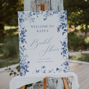 French Toile Welcome Sign Bridal Shower, Dusty Blue Bridal Shower Sign Template, Welcome Sign for Bridal Brunch, Floral Shower Signage AT09