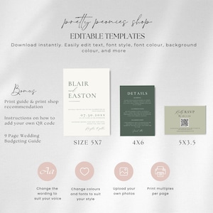 May include: A digital wedding template set with invitation, details, and RSVP cards. The design includes the text "Blair and Easton" and "07.30.20XX". The set is available in various sizes, including 5x7, 4x6, and 5x3.5 inches.