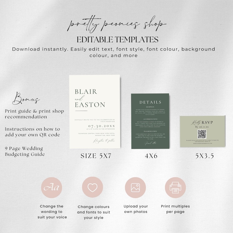 May include: A digital wedding template set with invitation, details, and RSVP cards. The design includes the text "Blair and Easton" and "07.30.20XX". The set is available in various sizes, including 5x7, 4x6, and 5x3.5 inches.
