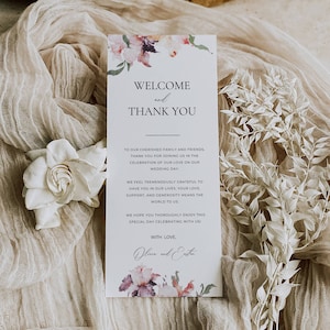Menu de remerciement de mariage floral, mot de bienvenue pour le cadre de fleurs sauvages, carte de menu de mariage fantaisiste, modèle de note de serviette de table de remerciement AT15