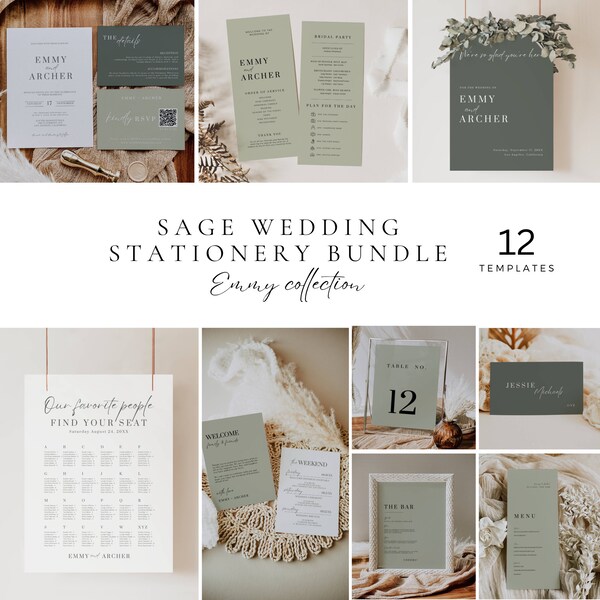 Sage Wedding Reception Bundle, Sage Green Wedding Invitation Package, Sage Stationery and Sign Template Bundle, Editable Table Signage -AT06