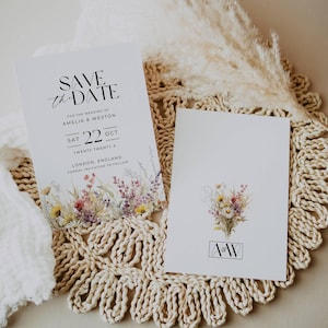 Fleurs sauvages réservez la date numérique, faire gagner notre date carte d'invitation recto-verso, modèle d'invitation monogramme, faire-part de mariage floral AT20