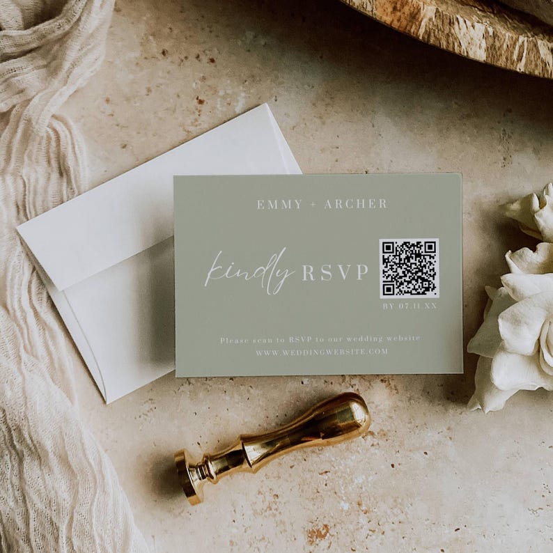May include: A sage green wedding RSVP card with the names "Emmy + Archer" and a QR code. The card also includes the text "kindly RSVP" and "DY 07.11 XX". A white envelope and a gold wax seal are also visible.