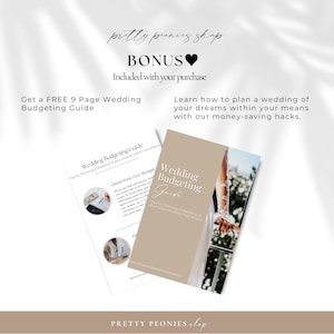 May include: A beige and white wedding budgeting guide with the text "Wedding Budgeting Guide" and "Tips for Planning a Wedding of Your Dreams within Your Means". The guide is shown next to a photo of a bride's hand holding a railing.