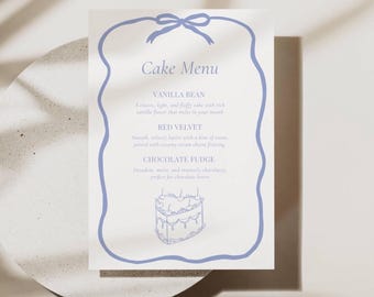 Wedding Cake Menu Template, Dusty Blue Bow Cake Flavor Sign, Editable Dessert Table Sign, Printable Canva Wedding Signage AT09