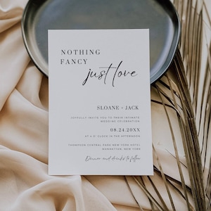 Plantilla de invitación de boda íntima, invitación minimalista para ceremonia pequeña, invitación de boda micro, nada ostentoso, solo amor, estilo bohemio editable AT10
