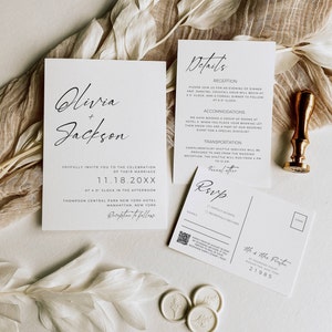 Suite de invitación de boda moderna, conjunto de invitación de caligrafía mínima, código Qr Rsvp elegante, tarjeta de detalles, plantilla Canva del paquete de invitación AT11