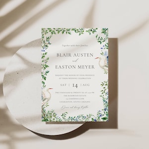 Reiher Hochzeitseinladung, Costal Core Themed Invite, Natur inspirierte Einladungsvorlage, Seaside Hochzeitskarte, Sofort Download