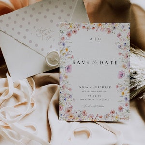 Wildblumen Hochzeit Save The Date, Monogramm Floral Save Our Date Karte, Minimale Hochzeitsankündigung Einladen, Elegante Boho Canva Vorlage AT13