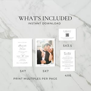 May include: A collection of wedding stationery, including invitations, RSVP cards, and details cards. The design is minimalist with black text on a white background. The image includes a photo of a couple. The text reads "What's Included" and "Instant Download."