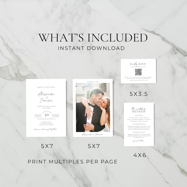 May include: A collection of wedding stationery, including invitations, RSVP cards, and details cards. The design is minimalist with black text on a white background. The image includes a photo of a couple. The text reads "What's Included" and "Instant Download."