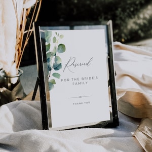 Reserved Table Sign Wedding Greenery, Brides Family Table Sign, Wedding Reserved Sign Template Canva, Eucalyptus Wedding Signage AT12