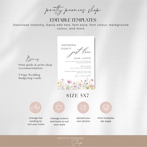 May include: Editable wedding invitation template with a floral design. The text reads "Nothing Fancy Just Love" with the names Blair and Easton and the date 08.24.20SS. The template is 5x7 inches.