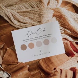 Hochzeitskleidung Vorlage, Elegante Dress Code Karte Canva, Bearbeitbare Farbpalette Insert, Gast Hochzeitskleidung Anfrage Karte AT10