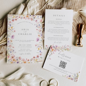 Aquarel Wildflower grens bruiloft uitnodiging, grillige bloemen bruiloft uitnodigen Suite sjabloon Wildflower uitnodigen Set met Rsvp QR-code AT13