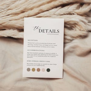 May include: A rectangular wedding details card with the text "the DETAILS" in elegant script. The card includes information about the reception, accommodations, and dress code, with a color palette at the bottom.