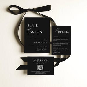 Black Wedding Invitation Set Digital Download, Black and White Wedding Invites Bundle, Modern Invitation Suite Template Qr Code -AT04