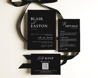 Black Wedding Invitation Set Digital Download, Black and White Wedding Invites Bundle, Modern Invitation Suite Template Qr Code -AT04