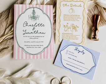 Hand Drawn Wedding Invitation Colorful, Illustrated Invitation Suite Template, Handwritten Invite Digital, Funky Retro Card Bundle AT27