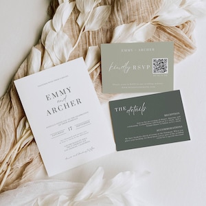 May include: A wedding invitation suite featuring a white invitation card with the names "Emmy and Archer" and event details. Includes RSVP and details cards in sage green, with elegant typography and a QR code. The suite is set against a neutral background.