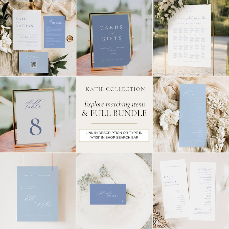 Light Blue Wedding Invitation Suite, Minimal Invitation Bundle Qr Code, Dusty Blue Invite Set with RSVP Card, Invite Template Bundle AT09 image 3