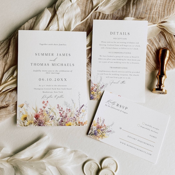 Boho Wildflower Wedding Invitation Set, Field Flowers Wedding Invite Bundle, Floral Invite Suite Template, Reception Invite Qr Code Download