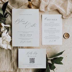 Minimal Script Hochzeitssuitenvorlage, Hochzeitseinladungspaket mit Rsvp Qr-Code, modernes Einladungsset digitaler Download -AT10