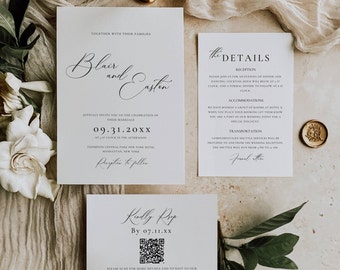 Minimal Script Wedding Suite Template, Wedding Invitation Bundle with Rsvp Qr Code, Modern Invite Set Digital Download  -AT10