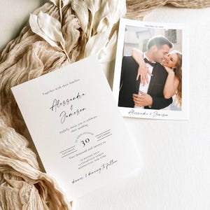 May include: Wedding invitation and photo card set. The invitation features elegant script with the names "Alessandra & Jameson" and event details. A photo card shows a couple embracing. The design is minimalist with a neutral color palette.