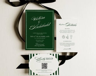 Green Stripes Wedding Suite Template, Retro Printable Wedding Stationery, Editable Invitation & Rsvp Card Bundle AT26