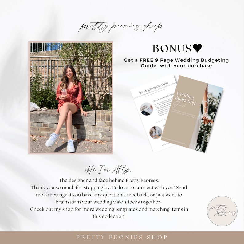 May include: A woman sits on a stone bench in front of a brick wall. She is wearing a red and white dress and white trainers. The image includes the text "pretty peonies shop" and "BONUS Get a FREE 9 Page Wedding Budgeting Guide with your purchase".