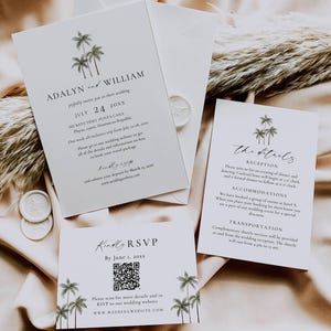 Tulum Hochzeitseinladung, Bestimmungsort Hochzeitssuiten-Vorlage, Strandhochzeitseinladung Set Qr Code, Tropische Reiseeinladung Bearbeitbar AT23