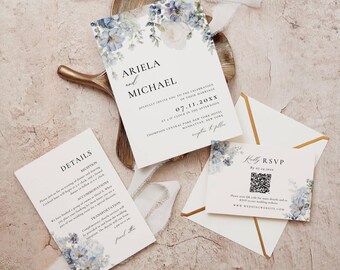 Bloemen stoffig blauw minimalistische huwelijksuitnodiging, elegante huwelijksuitnodiging digitaal, aquarel uitnodiging suite sjabloon, QR-code RSVP AT19