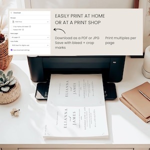 Peut inclure: Une imprimante noire imprime des faire-part de mariage avec les noms "Elianna" et "James". Les invitations sont imprim&eacute;es sur du papier blanc. L'image contient &eacute;galement le texte "Imprimez facilement &agrave; la maison ou dans une imprimerie".