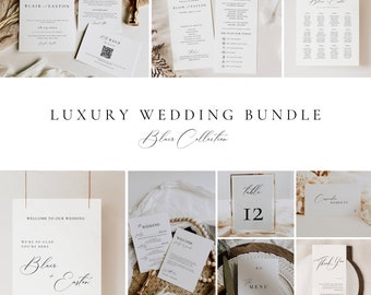 Minimalist Wedding Reception Bundle Template, Elegant Script Stationery Bundle, Monogram Invitation Set, Editable Sign Template Package AT10