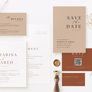 Pacchetto di cancelleria e ricevimento per matrimonio Boho, set di inviti in terracotta Codice QR, pacchetto di cartelli per tavolo da ricevimento in ruggine, modelli Canva AT03