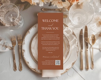 Wedding Thank You Card with Qr Code Burnt Orange, Welcome and Thank You Table Note Rust, Boho Place Setting Thank You Menu Template AT03