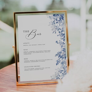 Boda del menú de la barra de Toile, plantilla de signo de la barra de la boda floral, descarga digital del menú de la barra mínima, señalización de bebida de firma azul polvoriento AT09