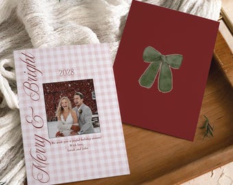 Newlywed Photo Christmas Card, Red Gingham Holiday Greeting Card, Merry & Bright Template, Editable Canva Digital Download