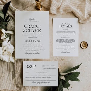 Conjunto de invitaciones de boda minimalistas y elegantes, plantillas de invitación editables, invitaciones de boda modernas DIY, tarjeta de confirmación de asistencia con código QR AT24