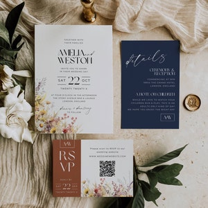 May include: Wedding invitation suite featuring a floral design. The invitation card has a watercolour floral illustration on a white background with black text. The text reads "Amelia and Weston" and "Sat 22 Oct Twenty Twenty X". The RSVP card has a brown background with a floral design and a QR code. The text reads "RSVP" and "Reply by Sat 22 Sep Twenty Twenty X". The details card has a navy blue background with white text. The text reads "Ceremony & Reception" and "A Note on Children".