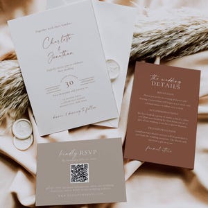 May include: A wedding stationery suite comprising a main invitation, RSVP card with a QR code, and a details card. The design features neutral tones, elegant script, and a wax seal, perfect for a wedding.
