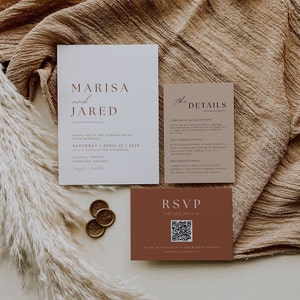 Bundle d'invitation de mariage rouille, modèle de suite de faire-part de mariage orange brûlé, faire-part Boho en terre cuite avec QR Code Rsvp-AT03
