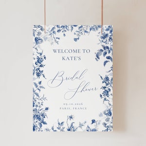 Toile Bridal Shower Sign, Welcome to the Bridal Shower Dusty Blue, Vintage Floral Bridal Shower Sign, French Blue Shower Welcome Sign AT09