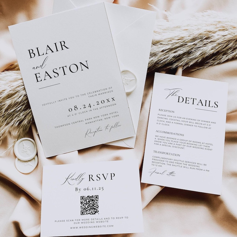 Paquete de invitaciones de boda minimalistas con código QR, plantillas de invitación minimalistas, paquete de invitaciones modernas, confirmación de asistencia en línea elegante, tarjeta de detalles AT10 imagen 2