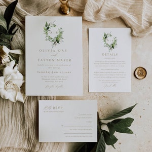 Wedding Invitation Suite with Monogram Crest, Botanical Wedding Invitation Set Template, Editable Gold Wedding Invites with Greenery